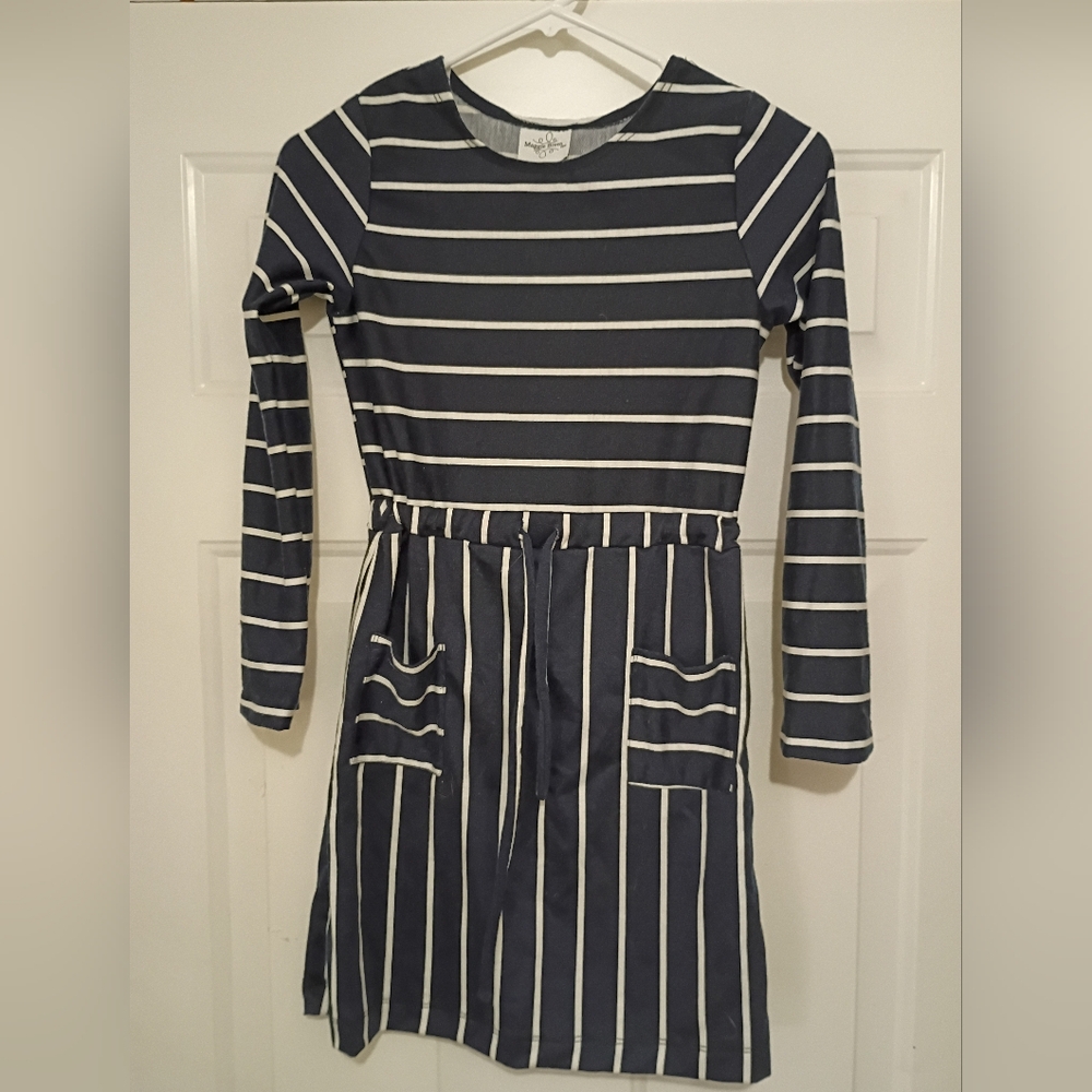 Maggie Breen Girls Navy Striped Casual Long Sleeve Dress With Pockets Size 12